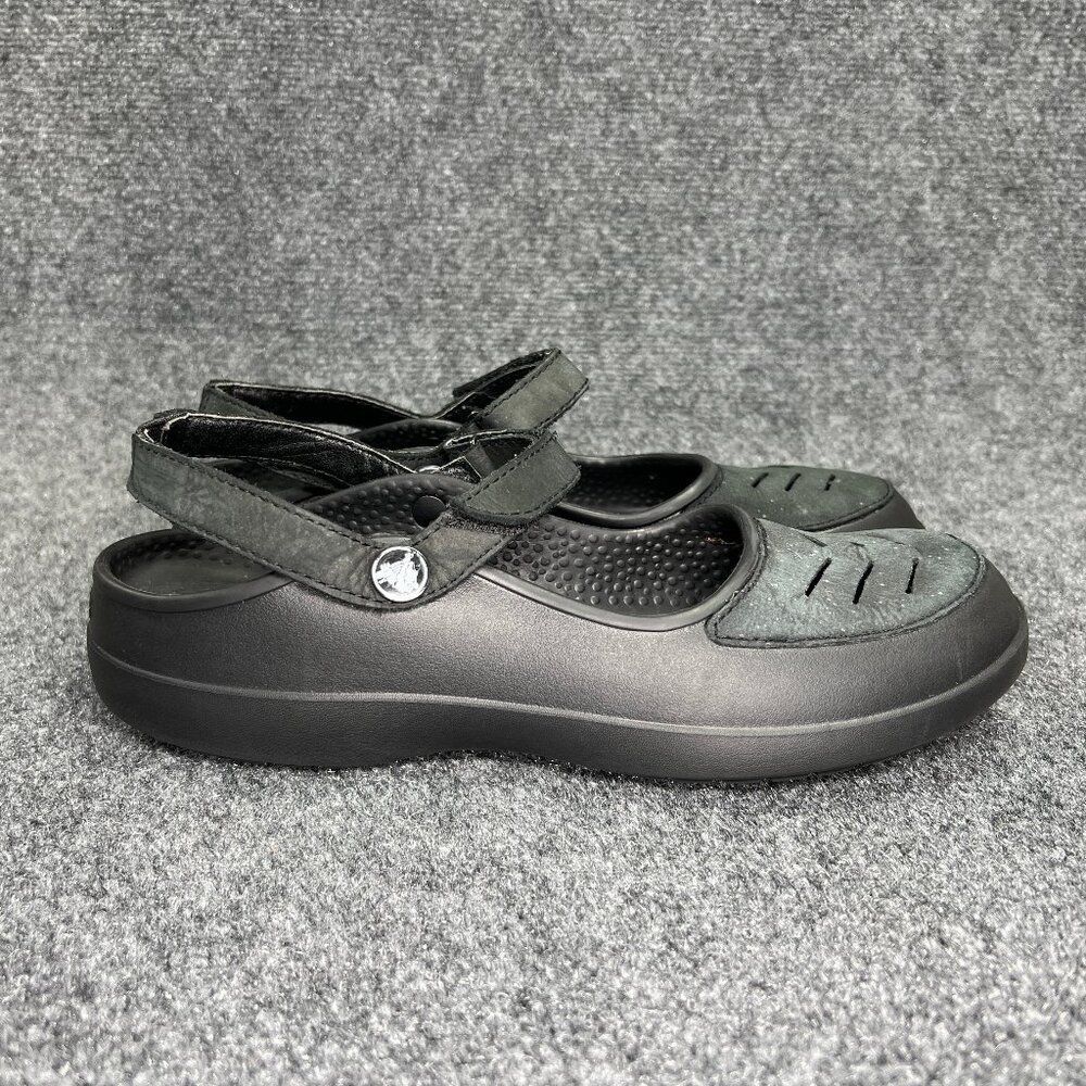 Crocs Shoes Women's‎ 11 Black Leather Adjustable Strap Mary Jane Slip On Loafers